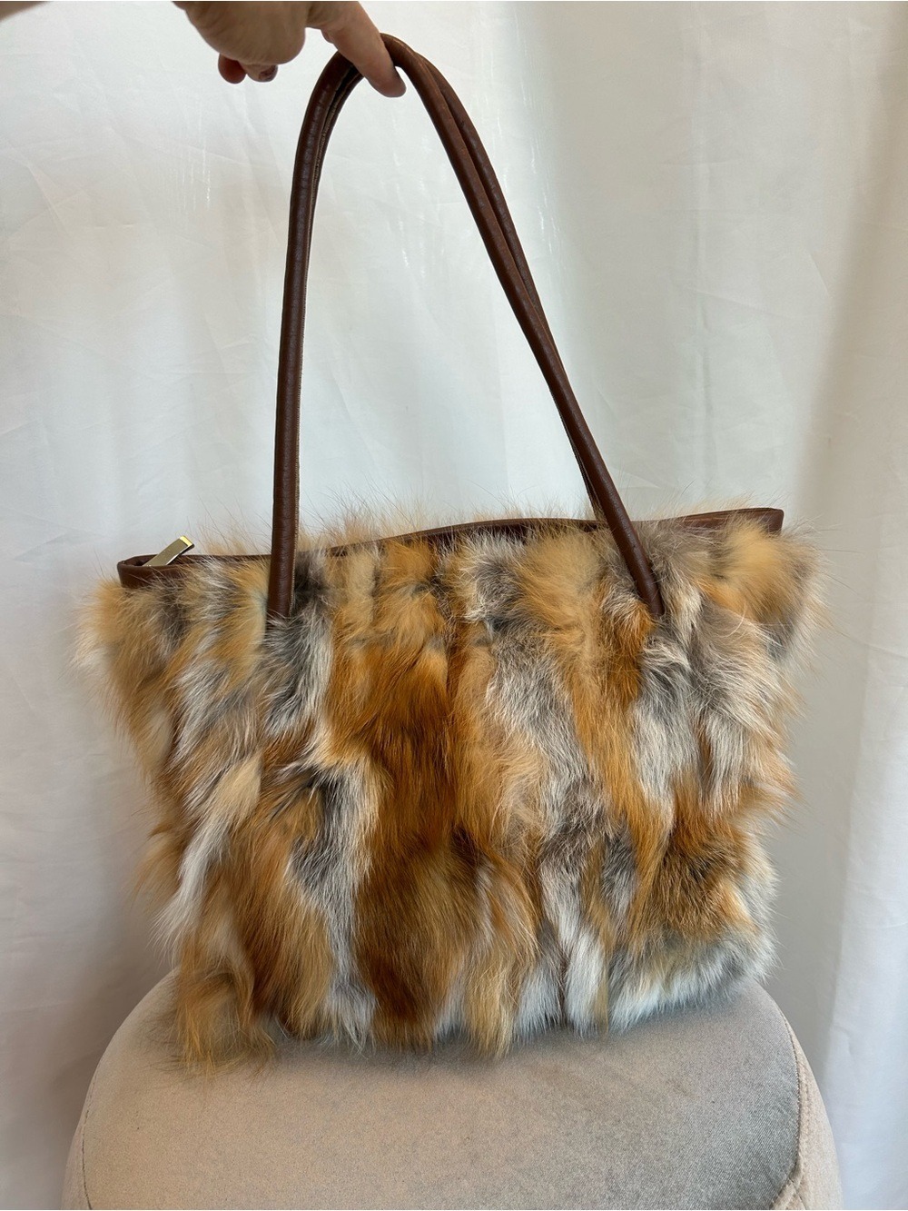 Fox Fur Tote in Brown Cream and Gray real fur shoulder bag